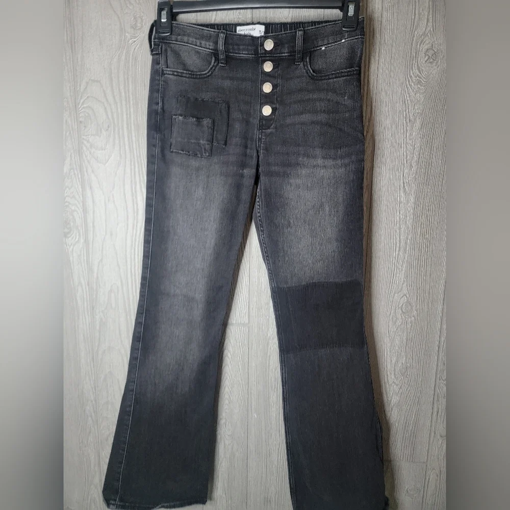 Abercrombie Kids Girls High Rise Flare Jeans Black Button Fly Patch Size 15/16